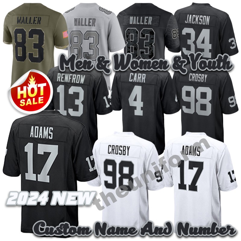 2024 New Custom Davante Adams Maxx Crosby Football Jersey Bo Jackson Derek Carr Hunter Renfrow Tre Tucker Men Womens Youth Size S-6XL