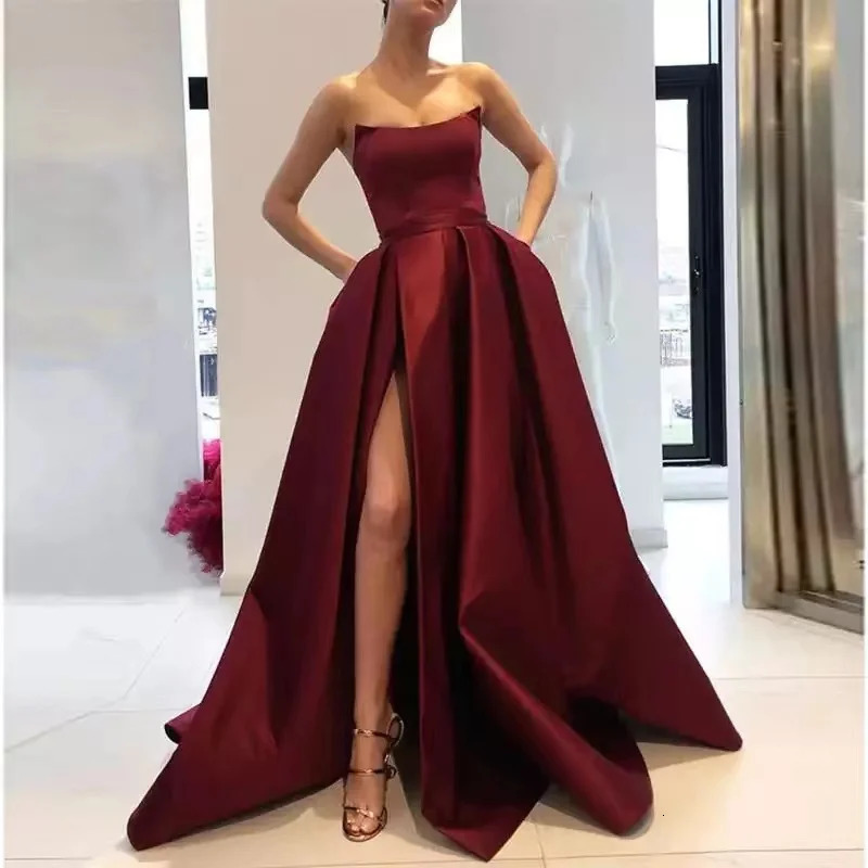 Burgundy Prom Dresses with Pockets Side Slit Strapless Satin Elegant Long Evening Party Gowns Wine Red Women Formal Dress 240424