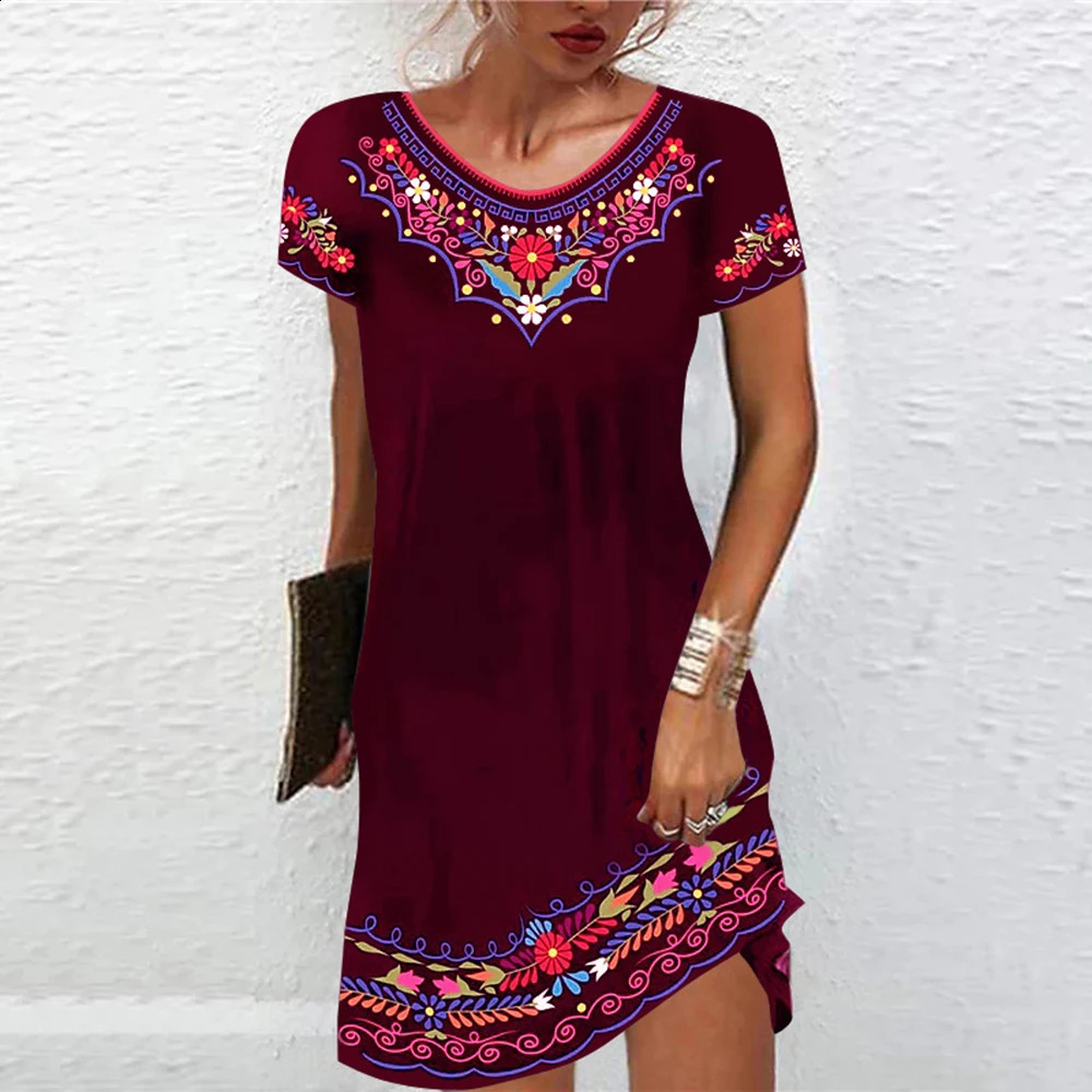 M3XL Vintage Elegant Ethnic Dress for Women 2023 Summer Loose Bohemian Beach Midi Casual Female Clothing Pullover Skirt 240416