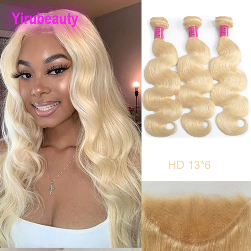 Brazilian Human Hair 3 Bundles With 13*6 Lace Frontal HD 613# Blonde Color Silky Straight Body Wave 4 Pcs/lot