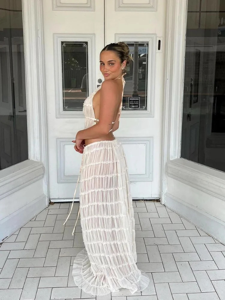 Elegant Lace Up Women Two Piece Sets Sexy Backless Hang Neck Sling Top Loose Fold Beach Dresses Summer Chic Lady Skirts Set 240423