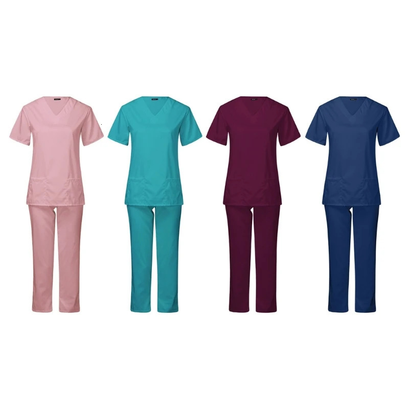 Scrubs Set for Women Nurse Uniform Suit Short Sleeve Top Pant with Pocket Workwears 240428