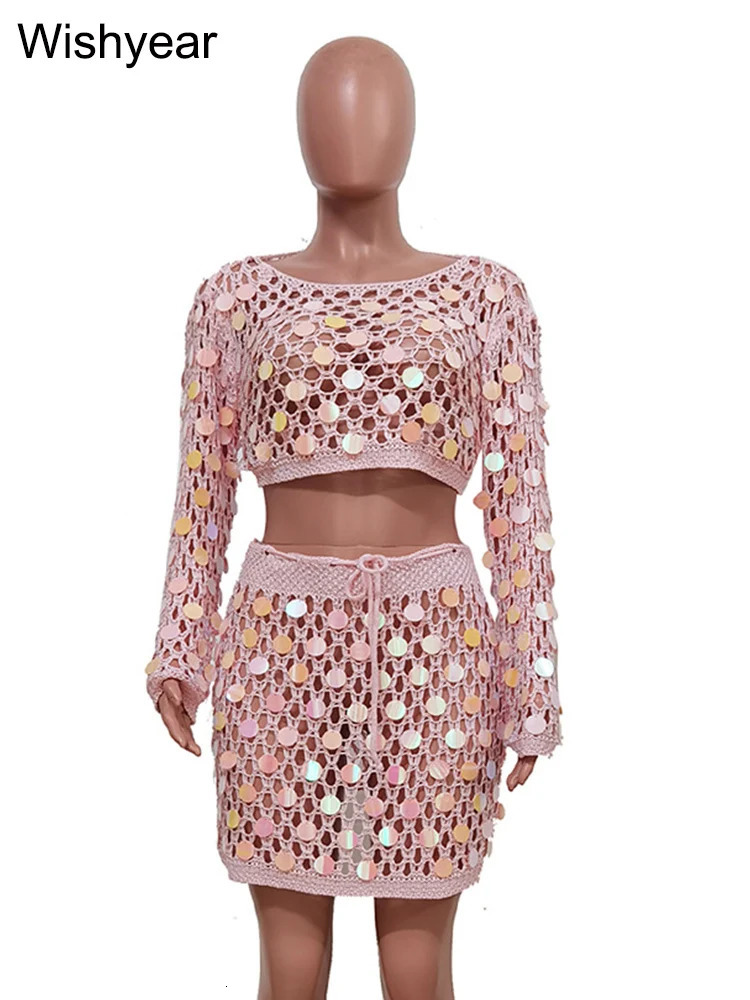 Sexy Hollow Out Beach Sequin Knitted Dress Set for Women Glitter CoverUp Tops and Mini Skirt 2 TwoPiece Night Club Outfits 240423
