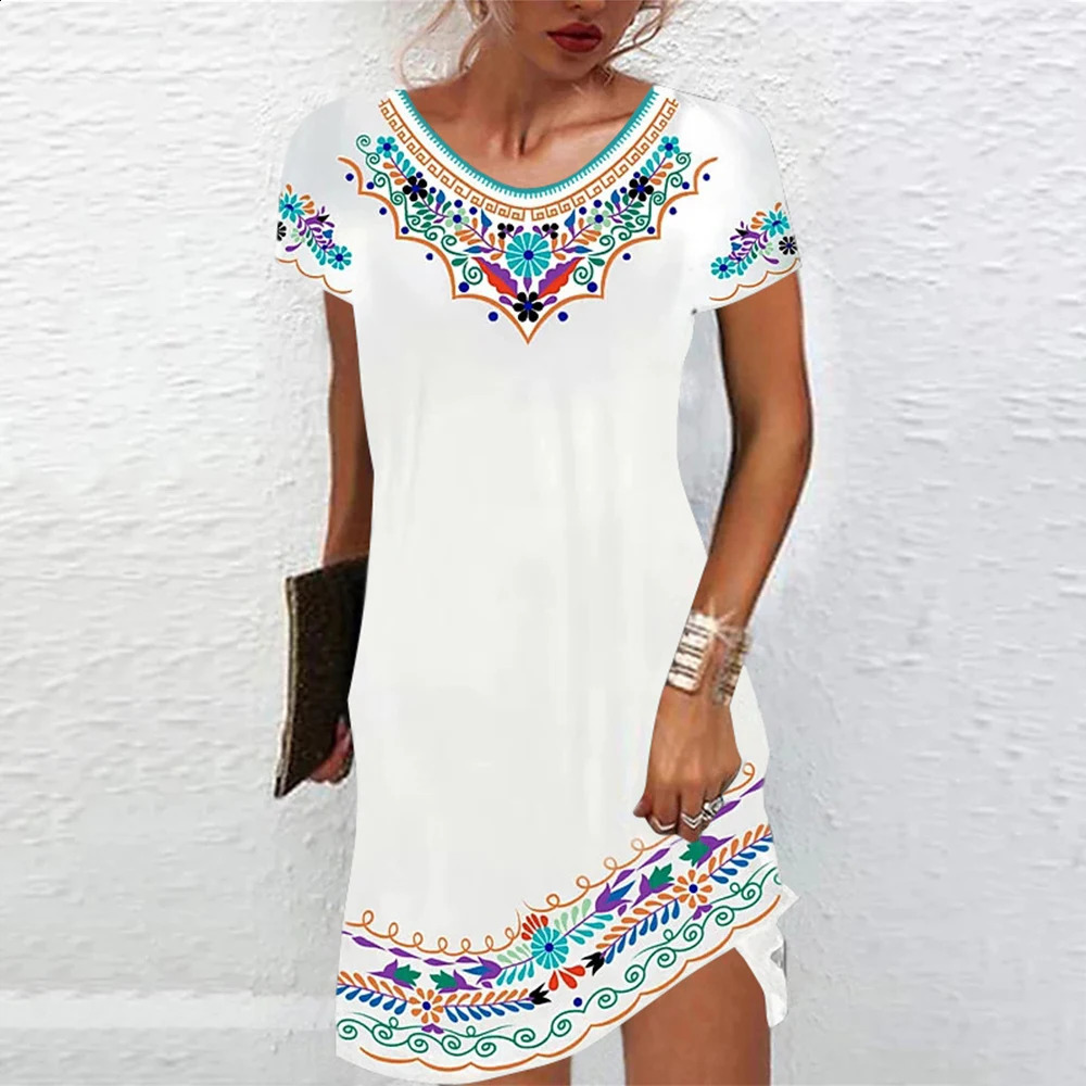 M3XL Vintage Elegant Ethnic Dress for Women 2023 Summer Loose Bohemian Beach Midi Casual Female Clothing Pullover Skirt 240416