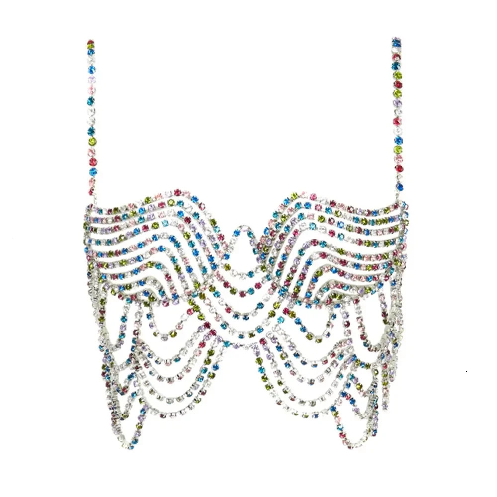 XSBODY Romantic Colorful Tops Rhinestone Bra Sexy Lingerie Clothing Women Crystal Body Bralette Chest Chain Bikini Jewelry Gift 240423
