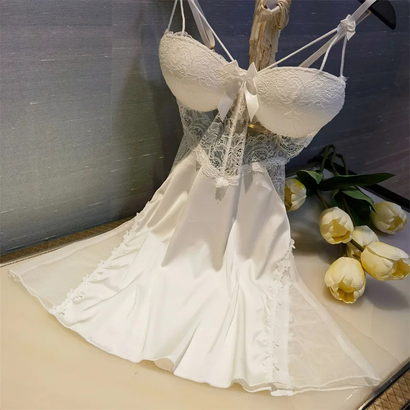 Sexy Chemistry Nightown Summer Womens Pajamas Evening Dress Terrace Lace Hollow Hanging Evening Dress Silk Satin Home Fury 240425