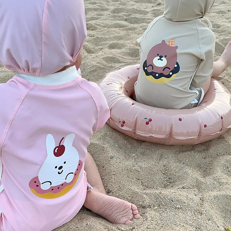 Korean Style Children Girls Boys Swimsuit One Piece Long Sleeve Sunscreen Swimwear Infant Swimming Clothing H3900 240430