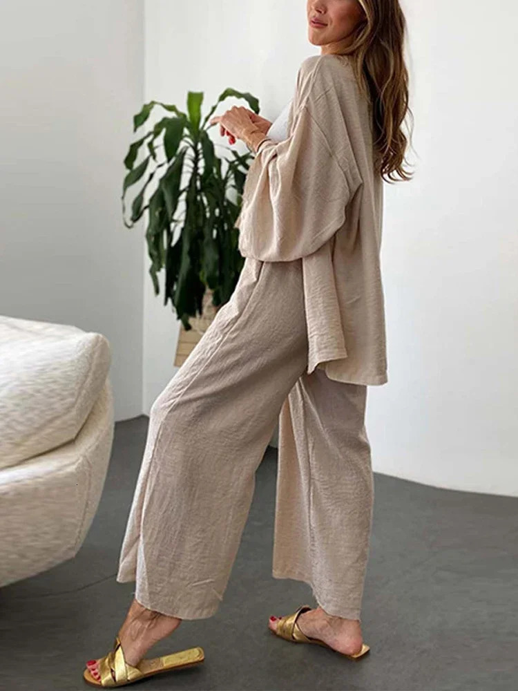 Summer Womens Linen Trouser Suit with Blouse Casual Loose Two-piece Set for Elegant Outfits Cotton Pants Womens Tracksuit 240504