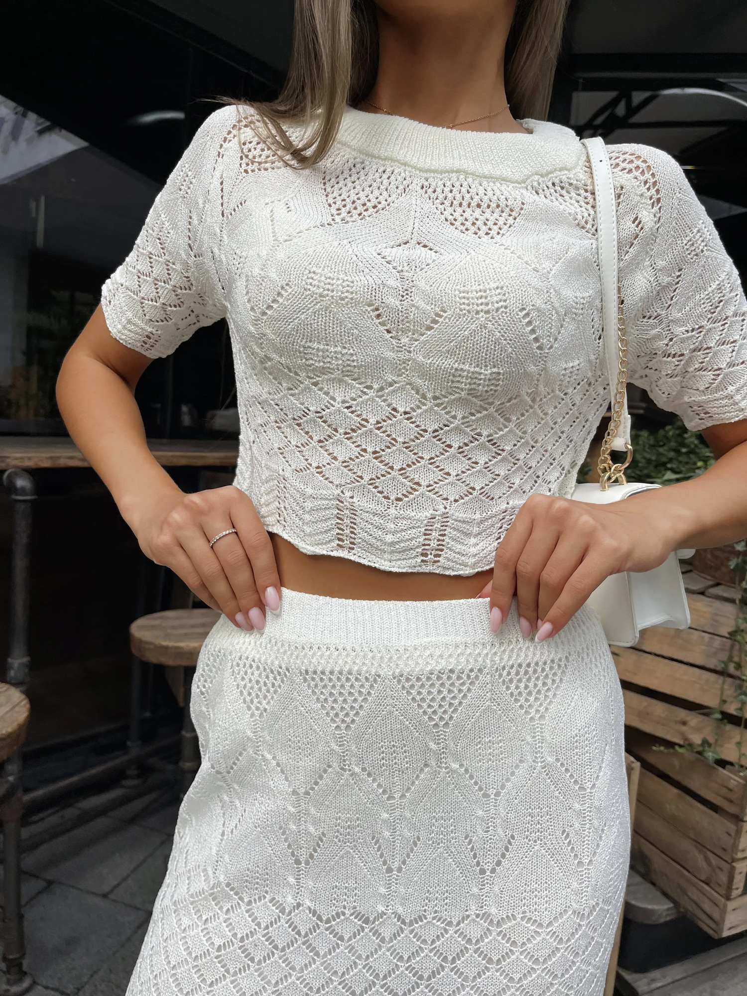Knitted Summer Two Piece Skirt Set Women Sexy Beach Knit White Short Sleeve Crop Top 2 For 20 240423