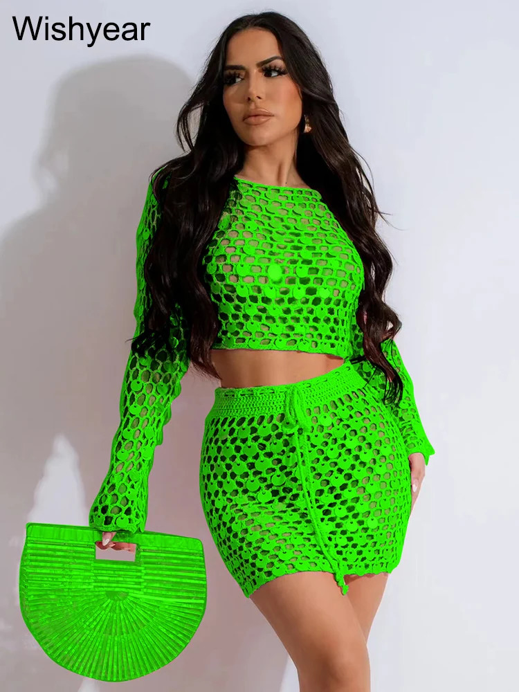 Sexy Hollow Out Beach Sequin Knitted Dress Set for Women Glitter CoverUp Tops and Mini Skirt 2 TwoPiece Night Club Outfits 240423