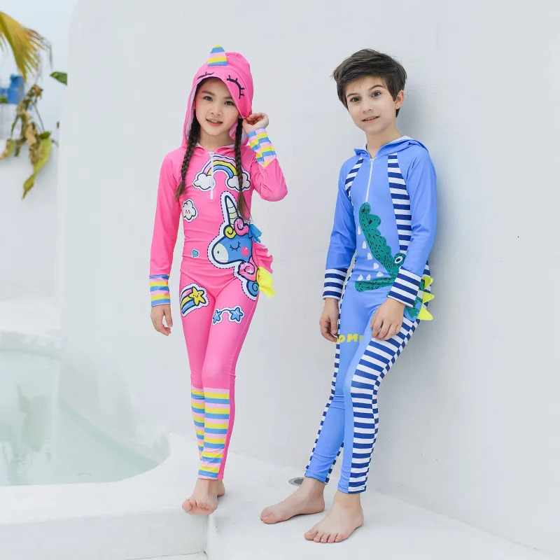 UPF 50 Full Rash Guard for Kids with Hood Long Sleeve Cartoon Print One Piece Swimsuit Children Beach Surf Suit Boys Girls 240430