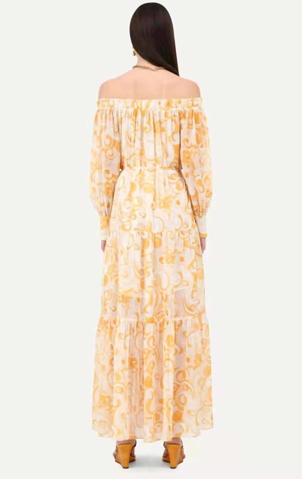 2024 Summer new one line collar long sleeved belt waist cinching print hollow out long dress