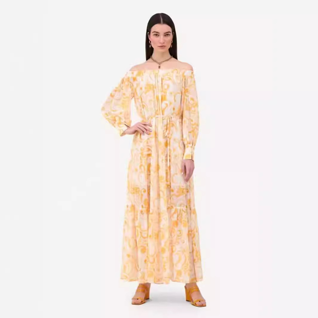 2024 Summer new one line collar long sleeved belt waist cinching print hollow out long dress
