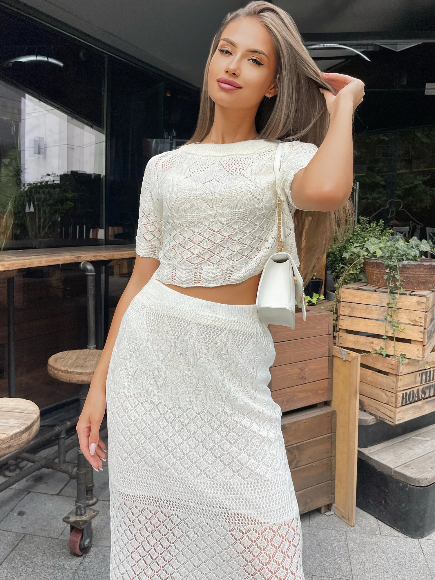 Knitted Summer Two Piece Skirt Set Women Sexy Beach Knit White Short Sleeve Crop Top 2 For 20 240423