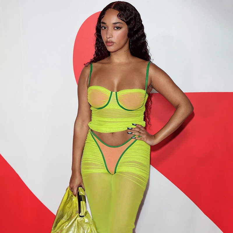 BUILDINGB Spaghetti Strap Bodycon Sexy Dress Set Sleeveless Top And Skirt Summer Two Piece Mesh Patchwork Transparent C 240423