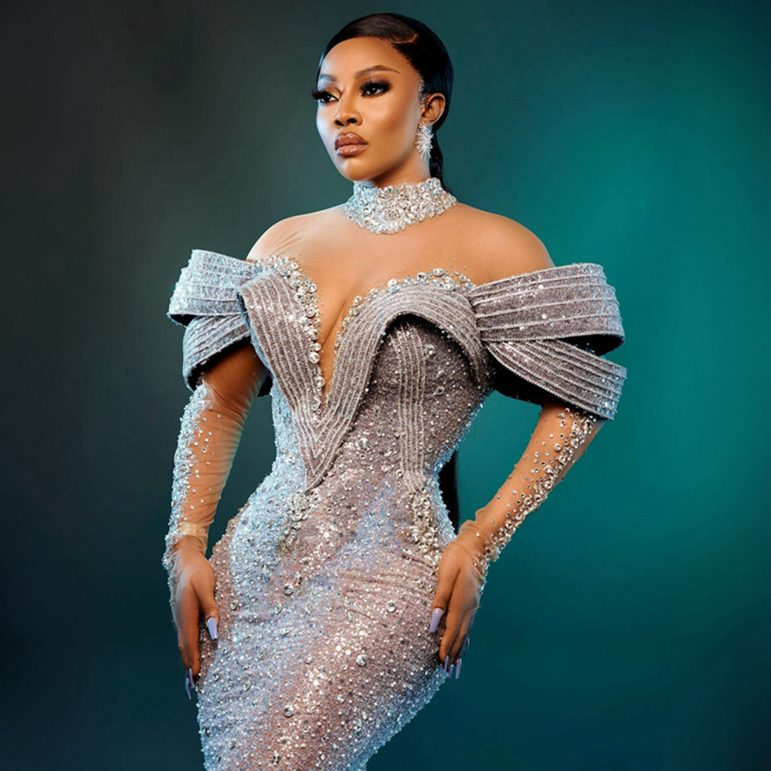 Plus Size Aso Ebi Prom Dresses Mermaid Long Sleeves High Neck Rhinestones Lace Formal Elegant Evening Dresses for Black Women Birthday Party Dress Gue