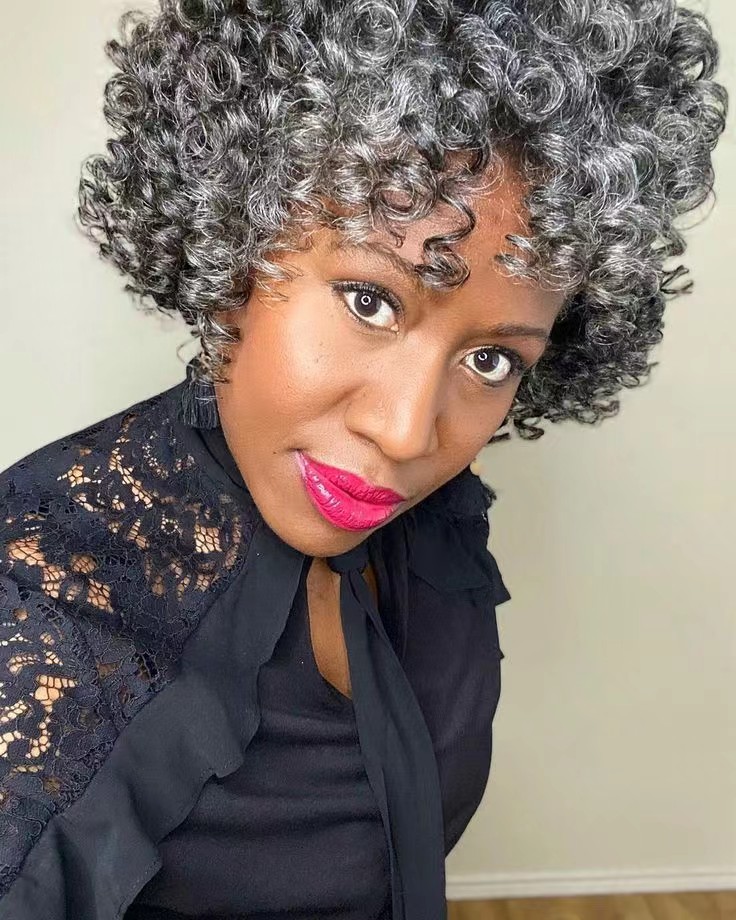 Salt & pepper short gray silver glueless kinky curly wigs pixie bob human hair wigs for black women machine made no lace breathable real natural grey