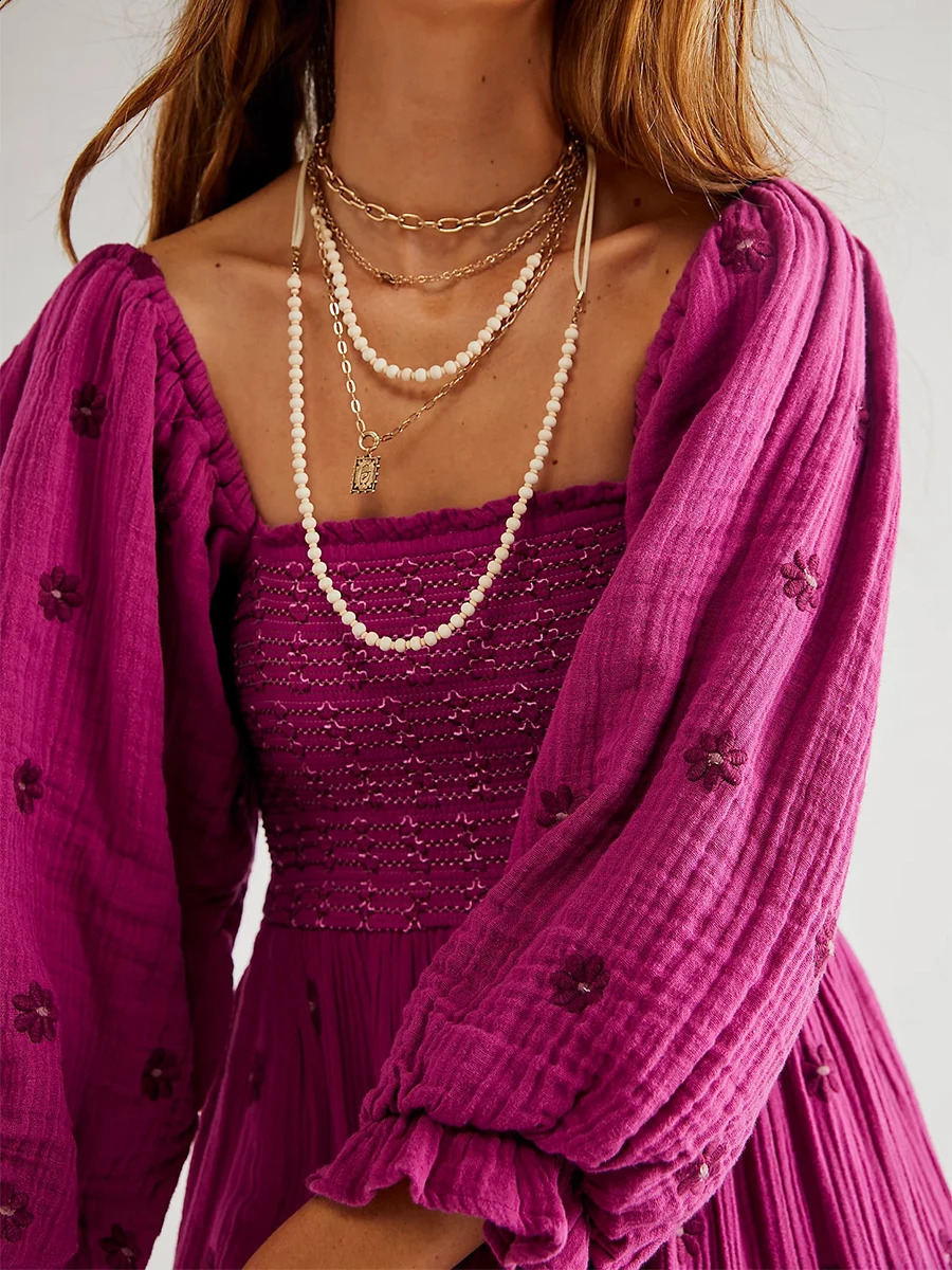 Womens Flower Embroidered Long Dress Bodycon Lantern Sleeve Square Neck Tiered Flowy Dress Bohemian Summer Beachwear Dresses 240429