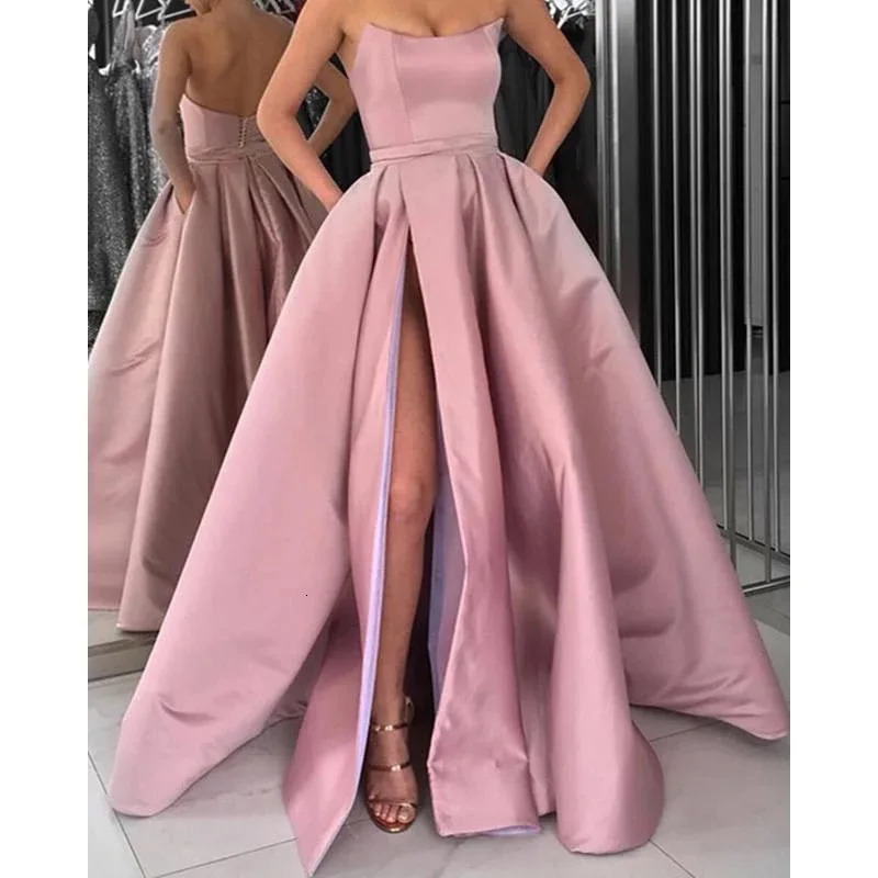 Burgundy Prom Dresses with Pockets Side Slit Strapless Satin Elegant Long Evening Party Gowns Wine Red Women Formal Dress 240424