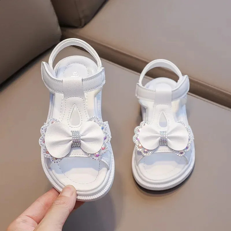 Girls Sandals Kid Summer Sweet Party Princess Beach Shoes Cute Bowknot Soft Sole Flat 240420