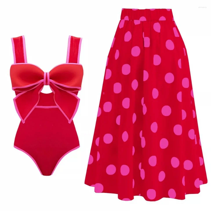 Womens Swimwear Red 2024 3 Piece Push Up Bikinis Set Women Vintage Print Bikini Swimsuit Sexy Summer Beach Skirt Bath Suit Dress