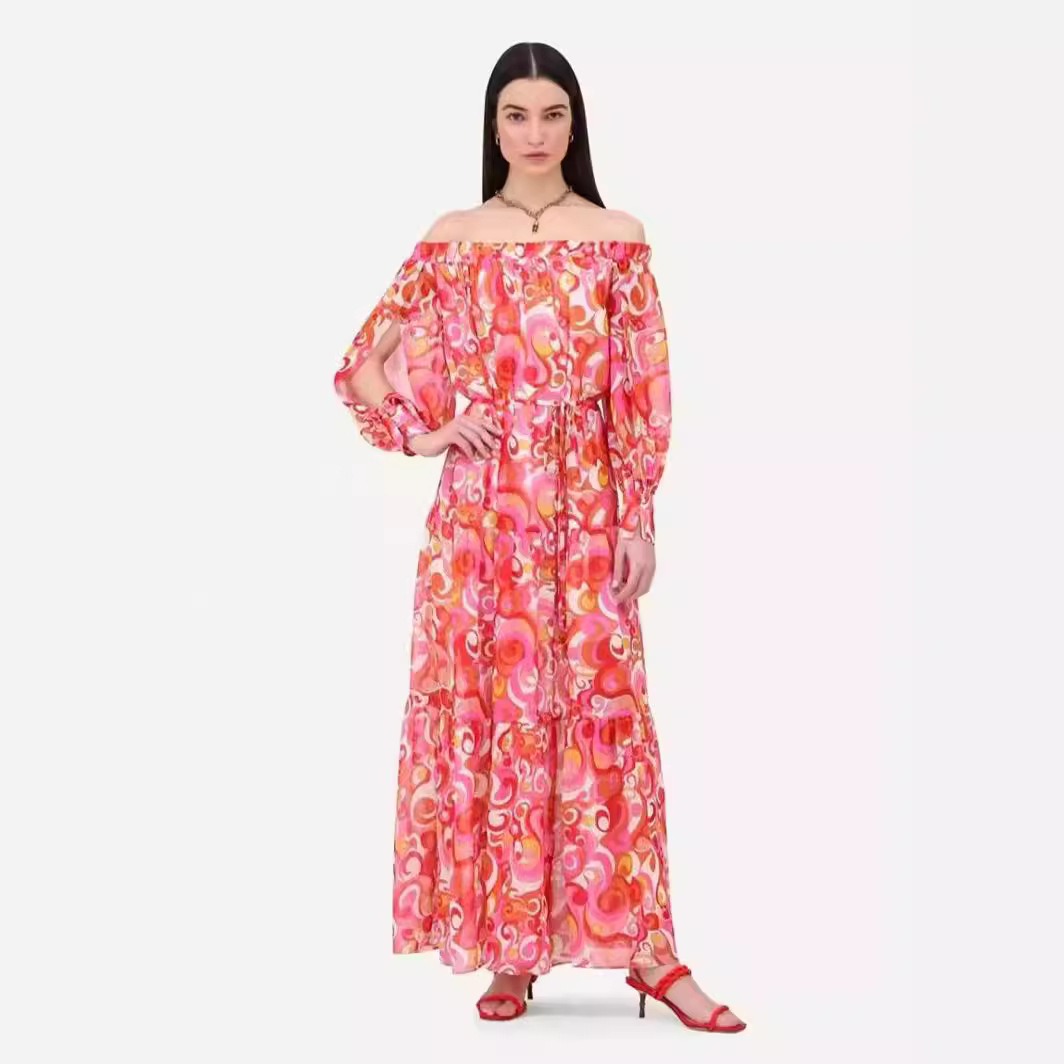2024 Summer new one line collar long sleeved belt waist cinching print hollow out long dress
