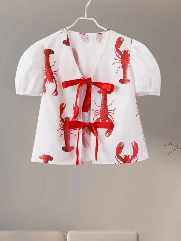 Printed Lobster Women Shirts Suits Lace Up Short Sleeve Top High Waist Wide Leg Pant Set Summer Street Print Lady Outfits 240504