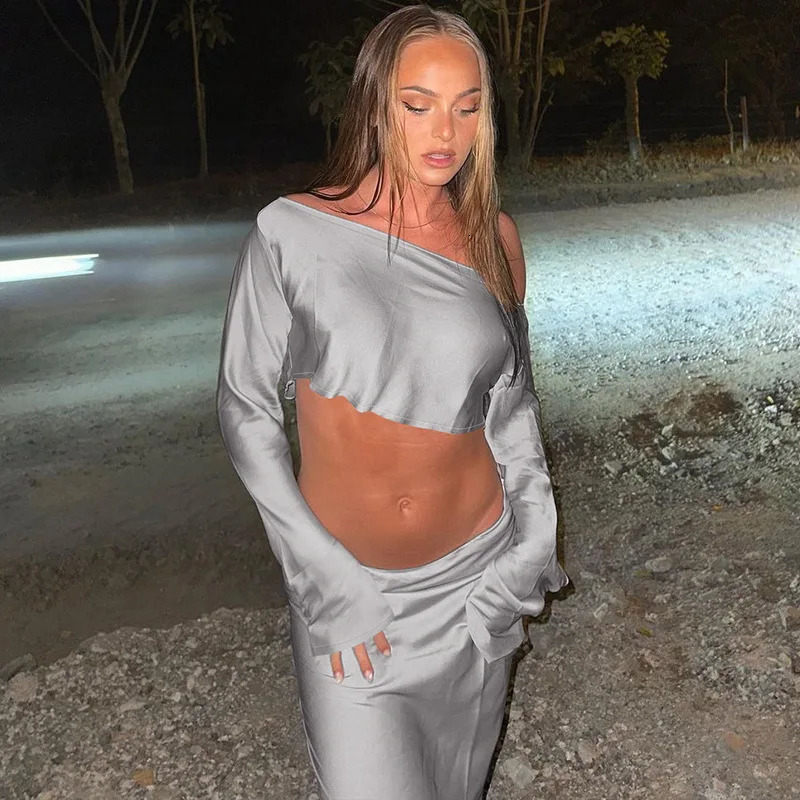 Jocoo Jolee Long Sleeve Midi Dress Sets Women 2 Piece Outfits Off Shoulder Top Bodycon Satin Two Set 240423
