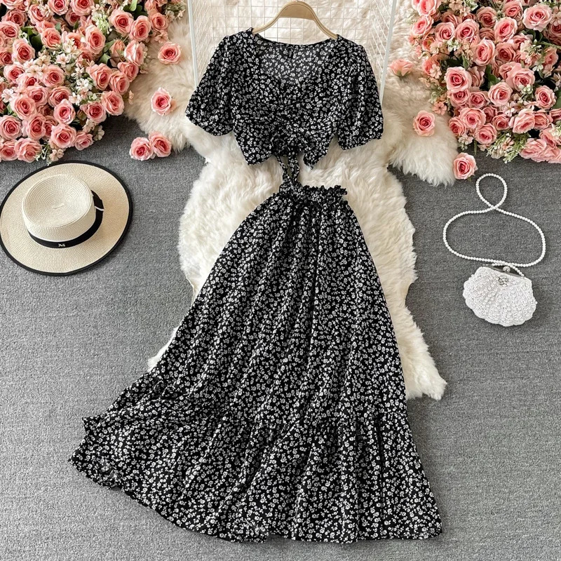 Women Summer Bohemian Chiffon Floral Set Puff Sleeve V Neck Short TopsHigh Waist Aline Maxi Skirts Two Piece Suits 240423