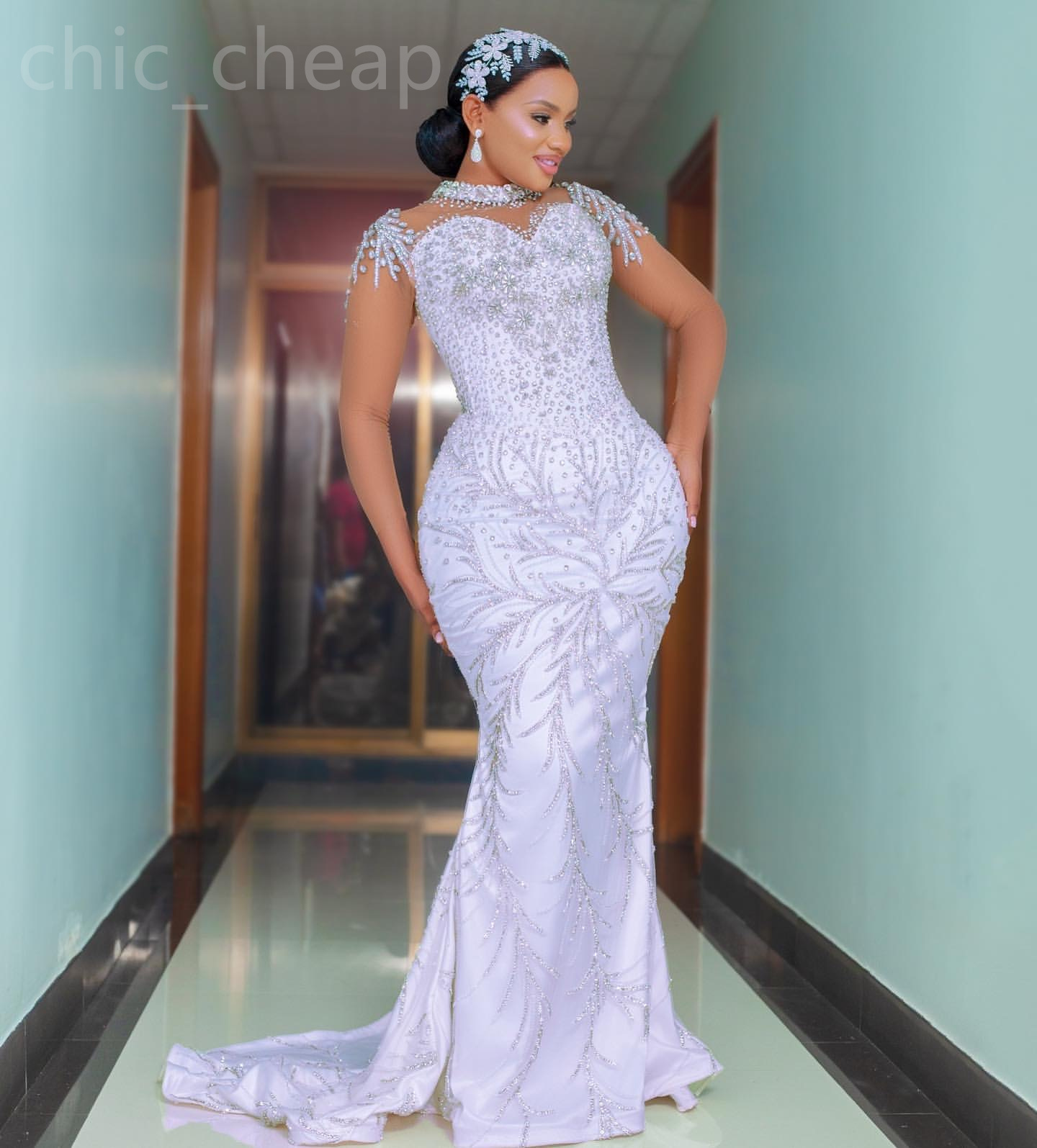 2024 Arabic Aso Ebi Plus Size White Mermaid Wedding Dresses Beaded Crystals Luxurious Bridal Gowns Dresses ZJ033