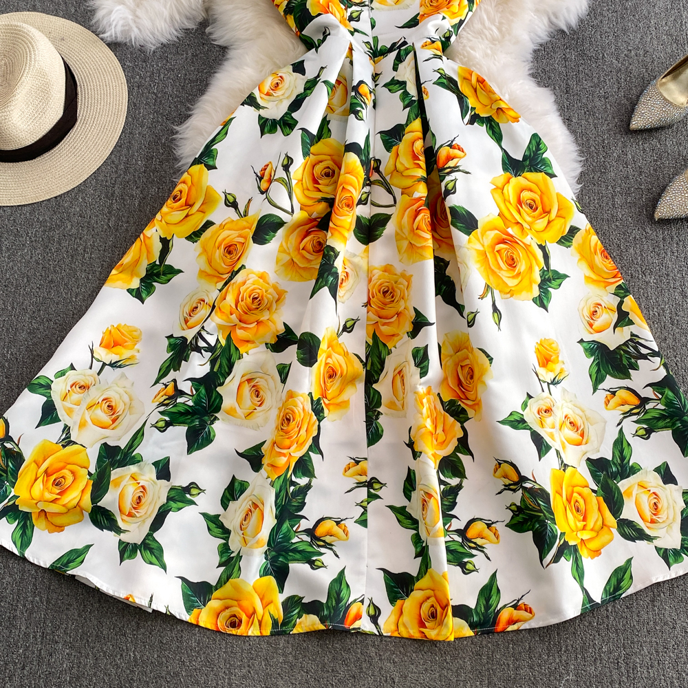Dresses Fashion Runway Summer Midi Long Women Dress O-Neck Sleeveless Elegant Yellow Rose Print Office Lady Work Wear Vestidos
