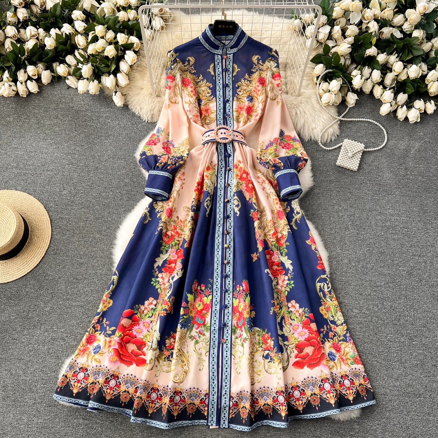 Dresses Holiday Paisley Party Dress Women's Long Sleeve Stand Single Breasted Ral Print Belt En Maxi Robe Vestidos 2025