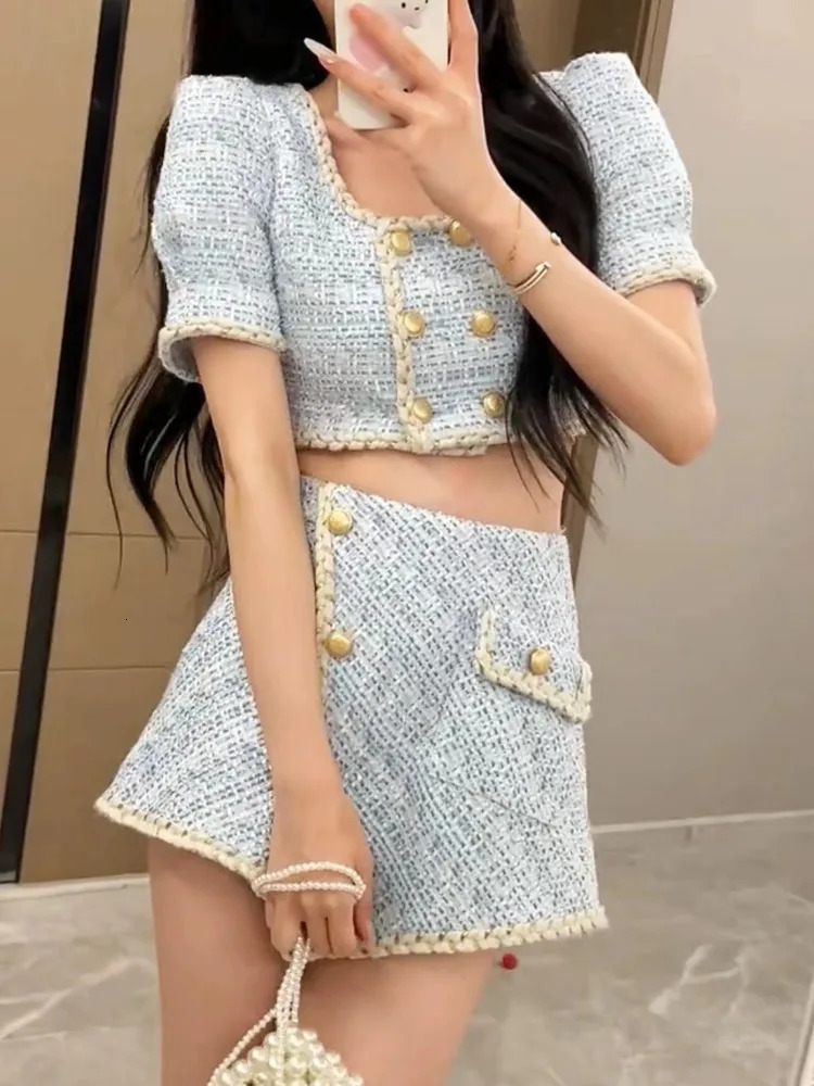 Elegant Chic Vintage Tweed Sets Women Outfits Puff Sleeve Double Breasted Cropped Tops Asymmetrical Mini Skirt Two Piece Suits 240423