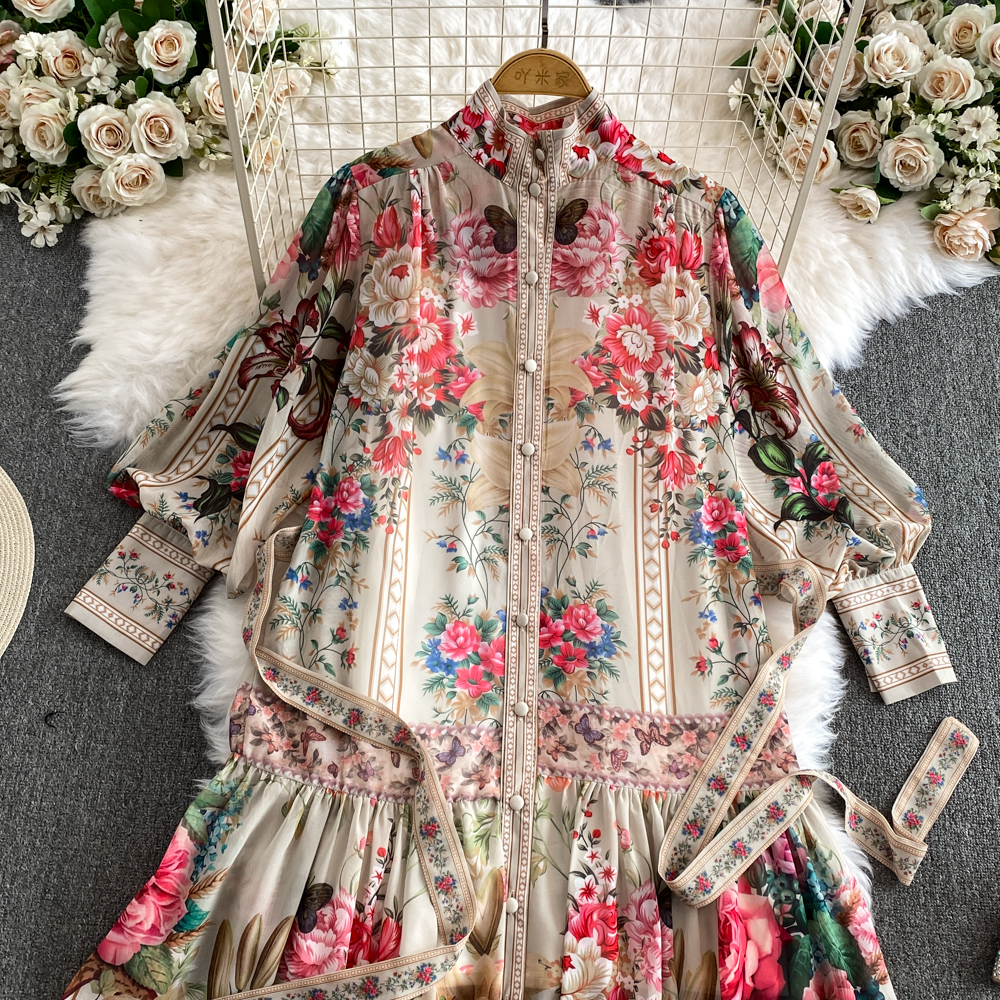 Casual Dresses Holiday Flower Print Long Dress Women's Stand Lantern Sleeve Single Breasted Floral Print Belt Oversize Maxi Robe Vestidos