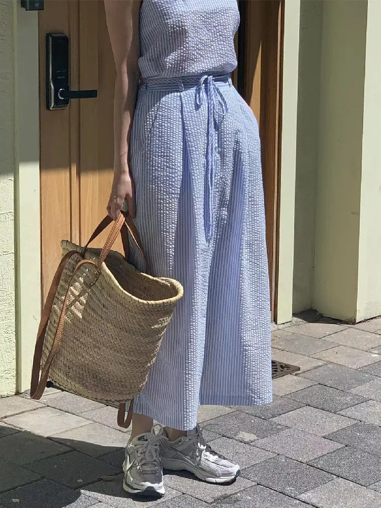 Korean Fashion 2 Two Piece Set for Women Summer Outfits Striped Sleeveless Tops Vest Midi Skirt in Matching Sets 240423