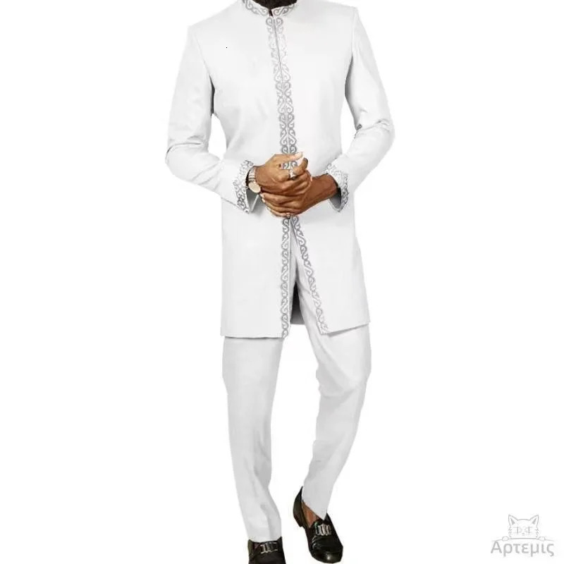 2024 Men Kaunda Suits Embroidered Flower Top Trousers African Casual Traditional Dashiki Outfits Man Suit Wedding 2pcs Sets Wear 240428