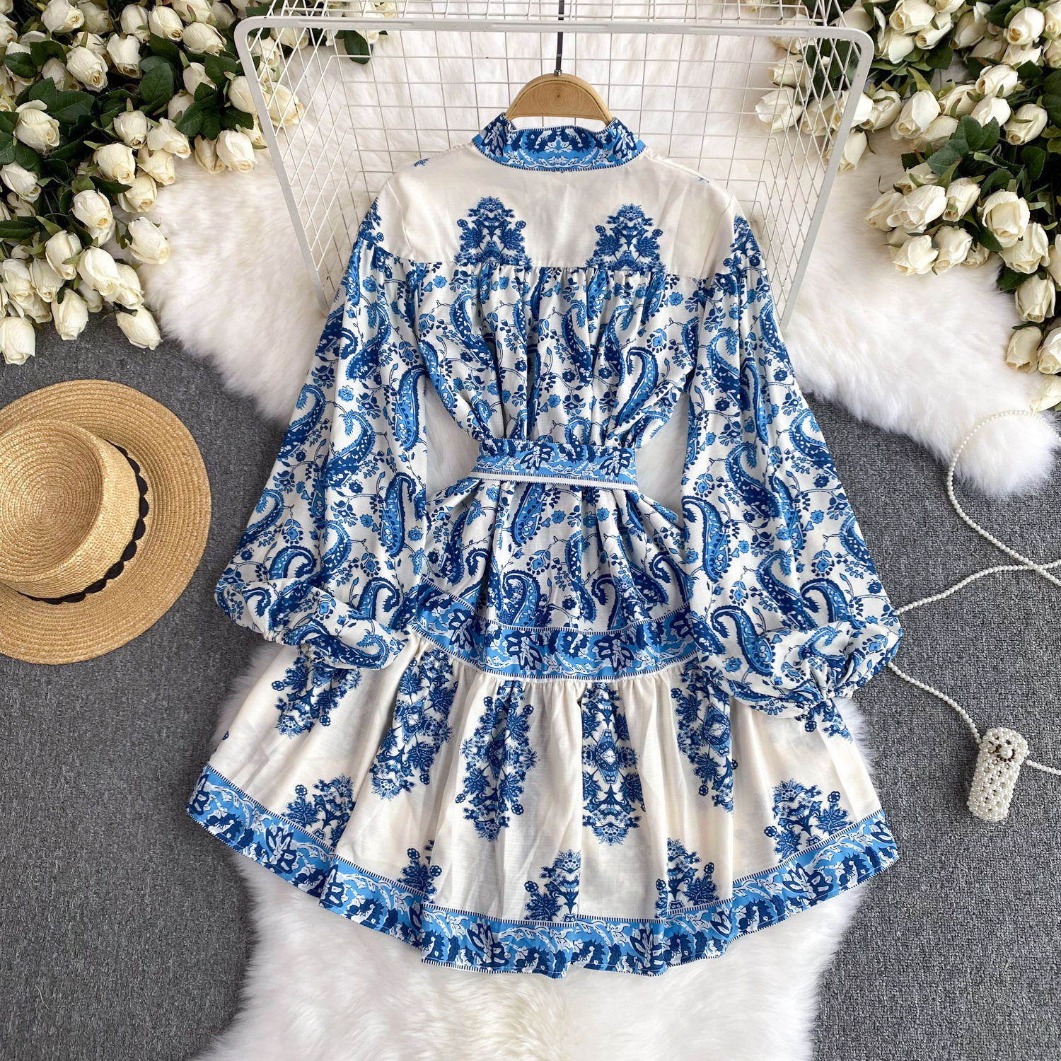 New Casual Dresses Spring Summer Vintage Paisley Short Dress Women Stand Collar Long Lantern Sleeve Single Breasted Sashes Loose Mini Vestidos