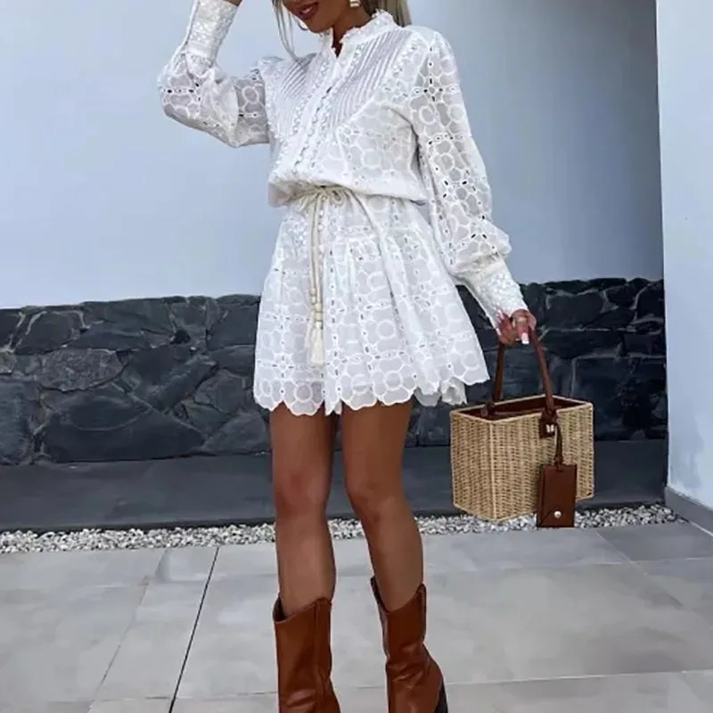 Fashion Holiday Beach Solid Color Dress Womens StandUp Neck Lace Splicing Elegant Long Sleeve Button Bohemian 240418
