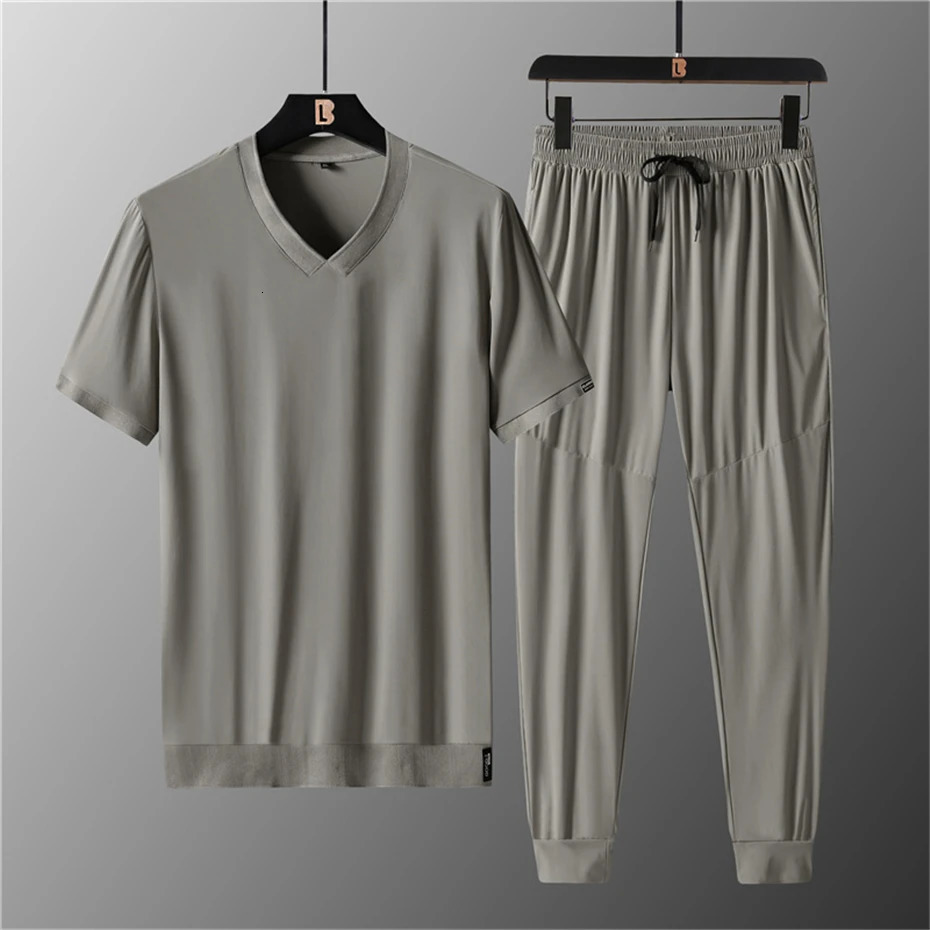 Plus Size 7XL 8XL Suit Men 2Pcs/Set Summer Shirts Sweatpants Fashion Causal Solid Color Mens Sets Big Size 8XL 240429