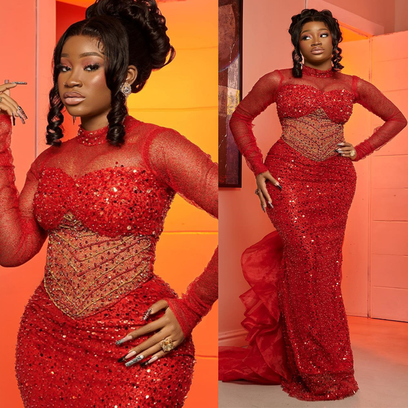 2024 Red Prom Dresses for Black Women Promdress High Neck Illusion Long Sleeves Evening Dresses Bead Sequined Lace Birthday Party Dress Second Recepti