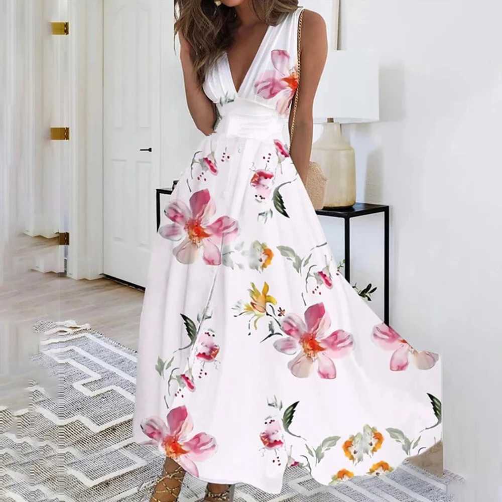 Basic Casual Dresses L XL Floral Summer Dress for Women Clothing 2024 Bohemian Loose Beach Sundress Midi Skirt Female Holiday Maxi Dress Vestido Robe 