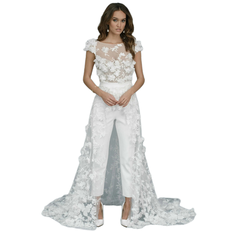 Boho Floral Lace Wedding Jumpsuits Sexy Backless Beach Wedding Dresses Short Sleeves Court Train Ivory Bride Gown 2024 Summer Robe De Mariee
