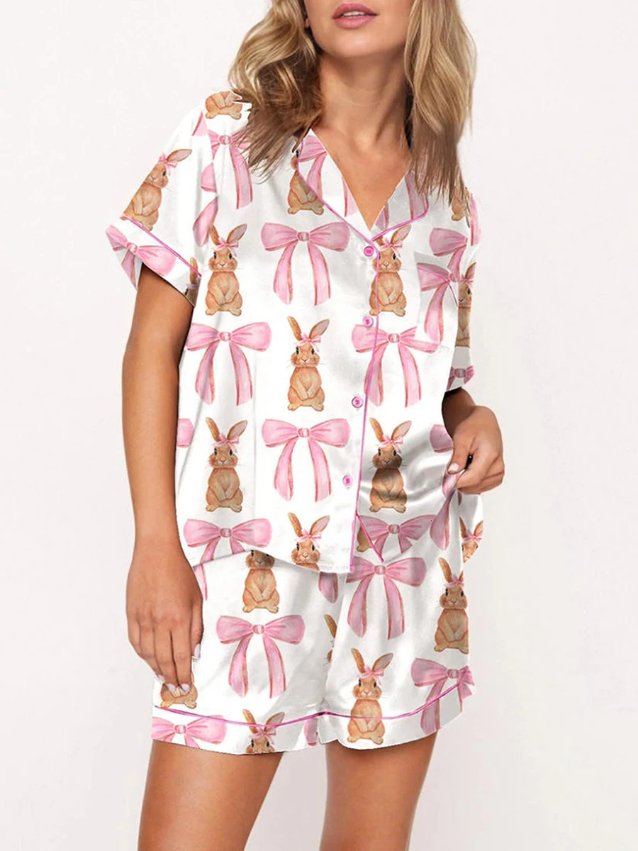 Y2k Pink Bow Silk Pajama Sets for Women 2 Piece Preppy Pjs Shorts Cute Short Sleeve Matching Pj Lounge Shirts Sets 240429