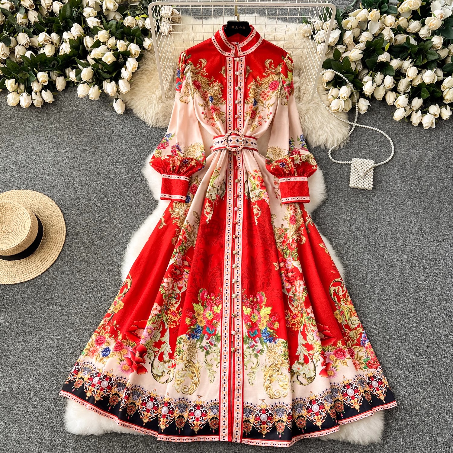 Dresses Holiday Paisley Party Dress Women's Long Sleeve Stand Single Breasted Ral Print Belt En Maxi Robe Vestidos 2025