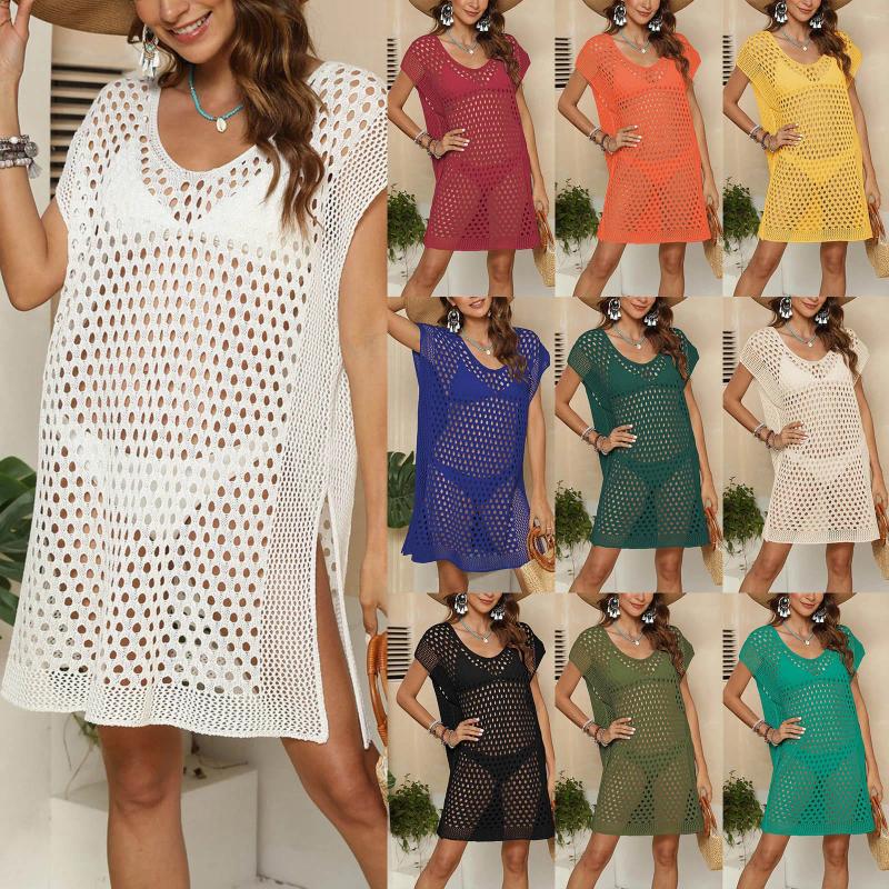 Women Crochet Hollowed Out Beach Dress Sunscreen Smock Short Sleeve V Neck Swimsuit Plus Size Side Split Cover Up