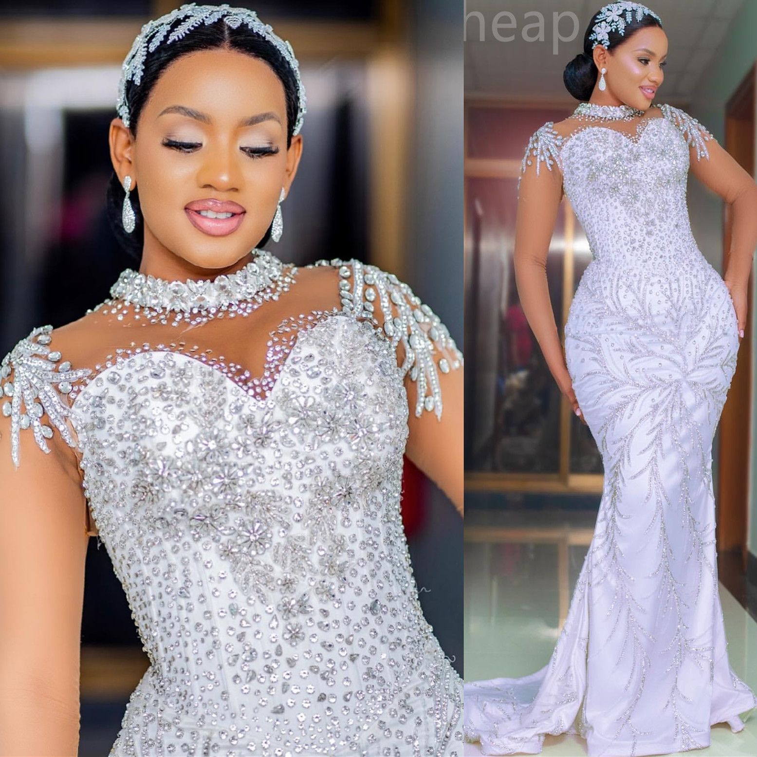 2024 Arabic Aso Ebi Plus Size White Mermaid Wedding Dresses Beaded Crystals Luxurious Bridal Gowns Dresses ZJ033
