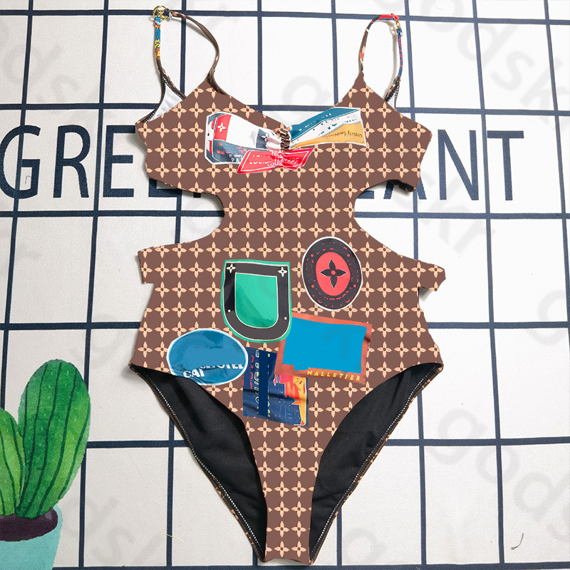 Sexy Strap Beach Bikini Women Vintage Printing One Piece Swimsuit Cut Out Waist Swimsuit Summer Beach Swimwear