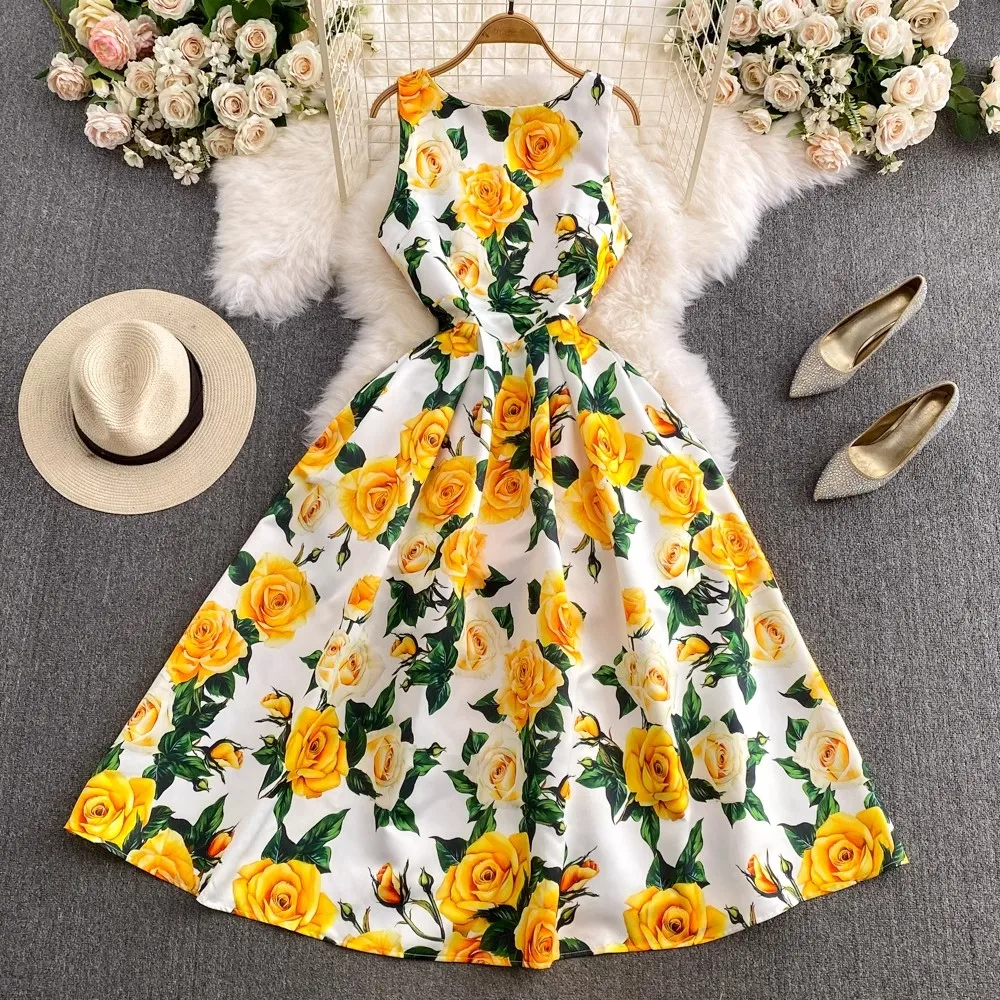 Dresses Fashion Runway Summer Midi Long Women Dress O-Neck Sleeveless Elegant Yellow Rose Print Office Lady Work Wear Vestidos
