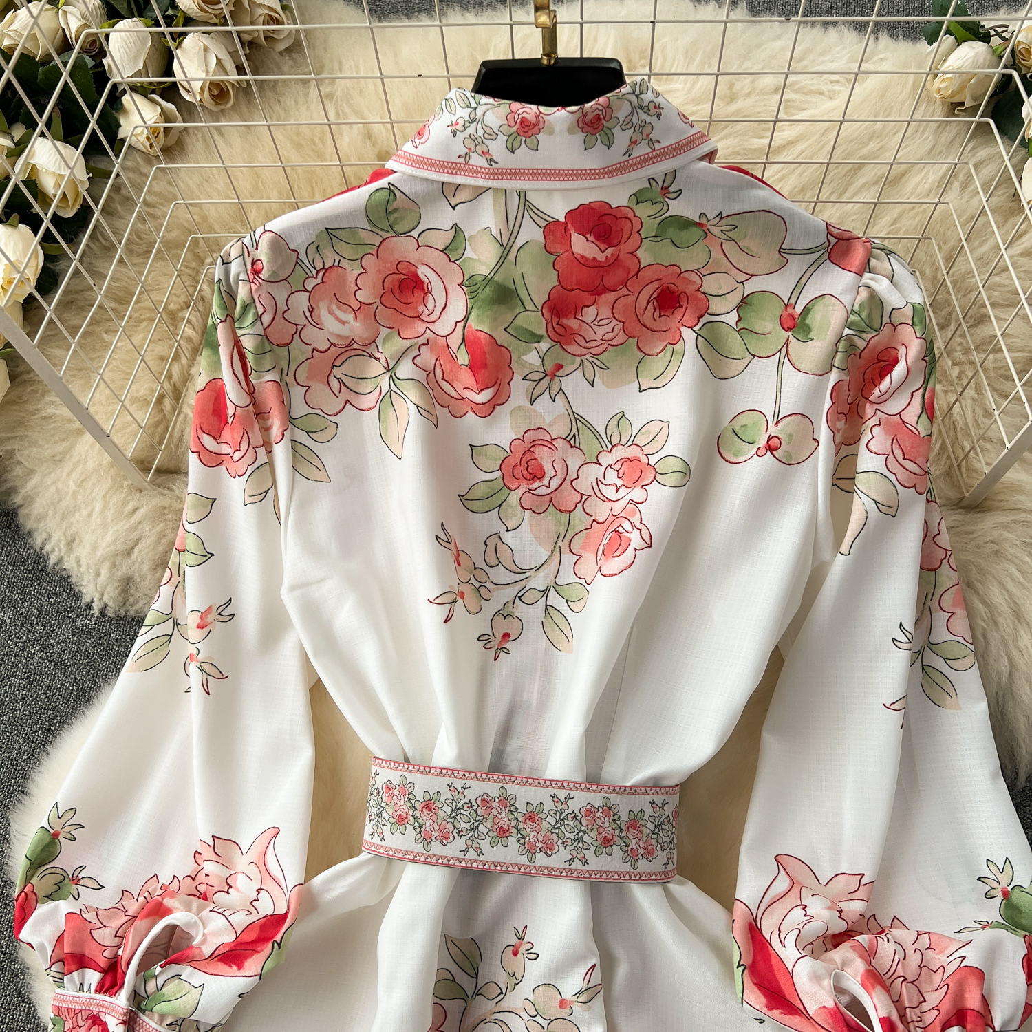 Dresses High-Quality Bohemian Wer Shirt Dress Women's Stand Long Lantern Sleeve Ral Print Single Breasted Belt Holiday Boho Maxi Vestidos