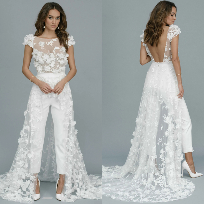 Boho Floral Lace Wedding Jumpsuits Sexy Backless Beach Wedding Dresses Short Sleeves Court Train Ivory Bride Gown 2024 Summer Robe De Mariee